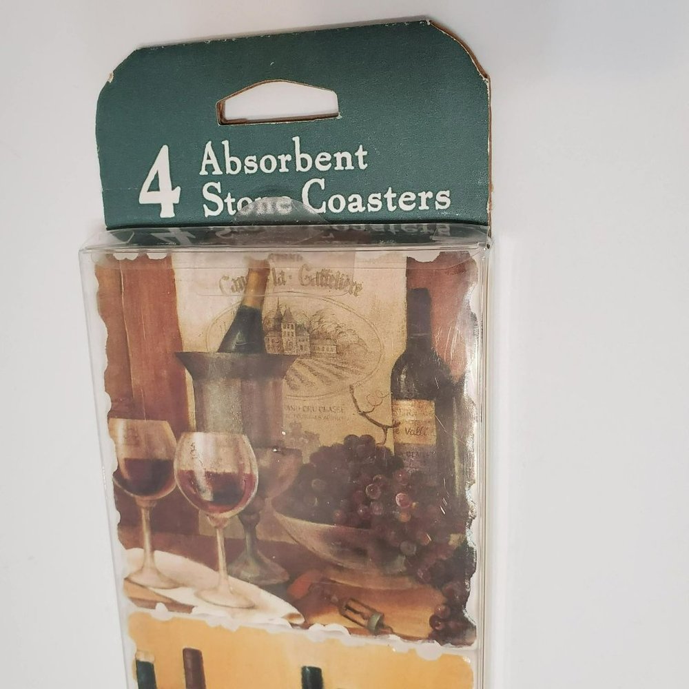 Wine Theme Stone Coasters, set of 4, Absorbent, Cork Backed, Tuscan Decor, NWT